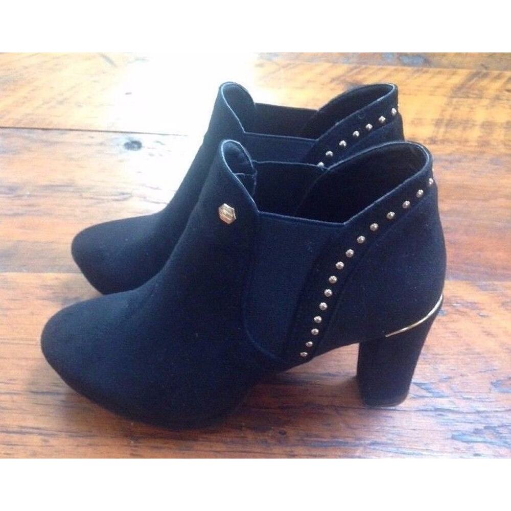 Black Leather Suede Gold Trim Studded Chunky High Heel Booties Boots 37 6.5